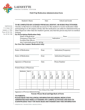 Field Trip Medication Administration Form Lafayette Parish School