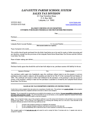 Blanket Certificate of Exemption Lafayette Parish School System  Form
