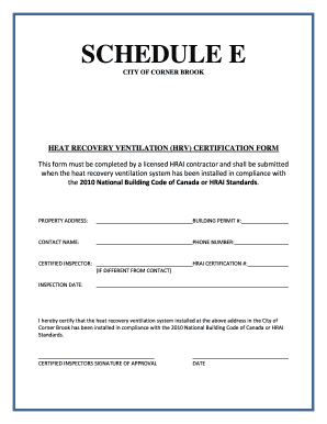 Schedule E HRV Certification Form City of Corner Brook