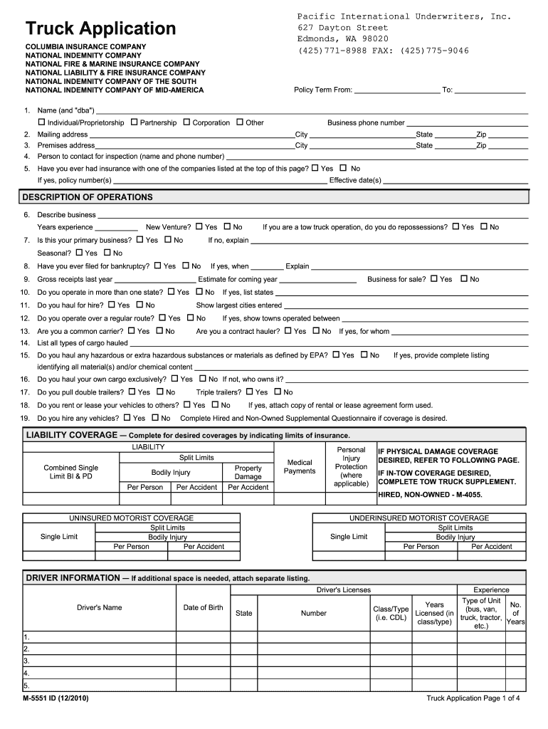  National Indemnity Truck Application 2010-2024