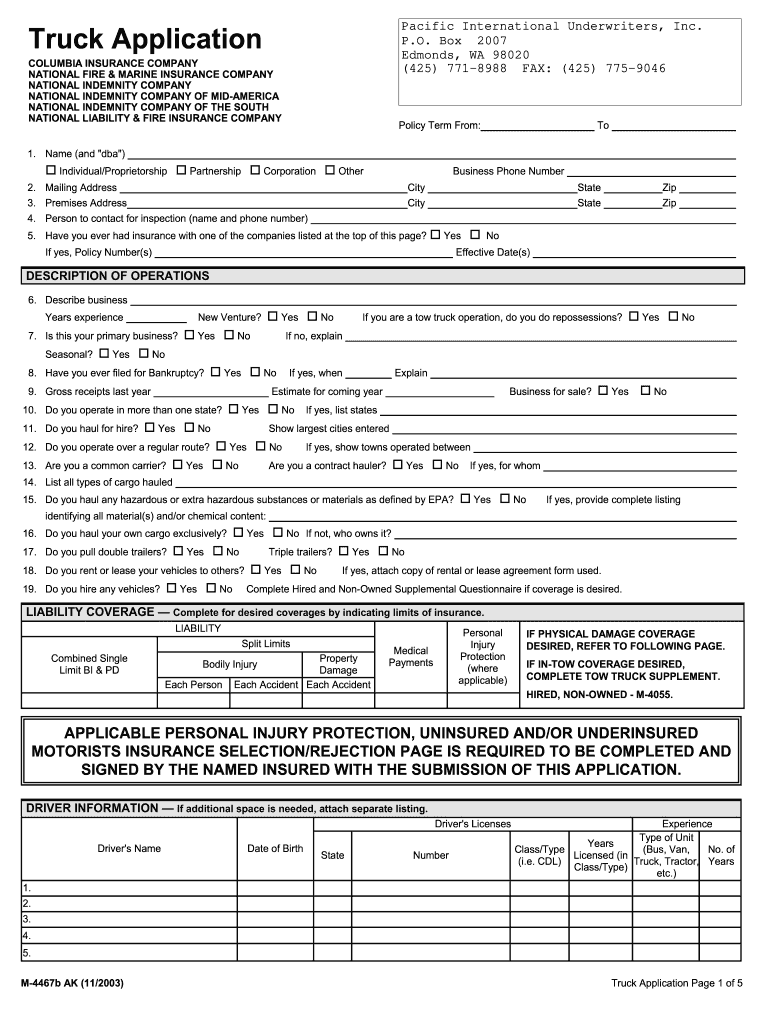  National Indemnity Truck Application 1103  AK  PIU Home 2003-2024