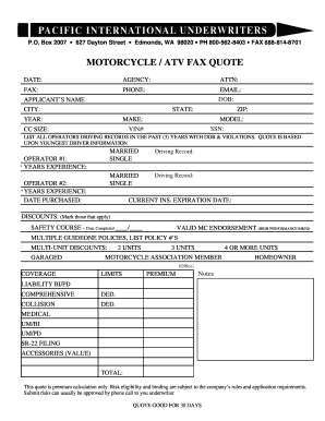 Motorcycle Quick Quote Sheet  Form