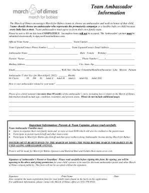 Team Ambassador Information Form March of Dimes