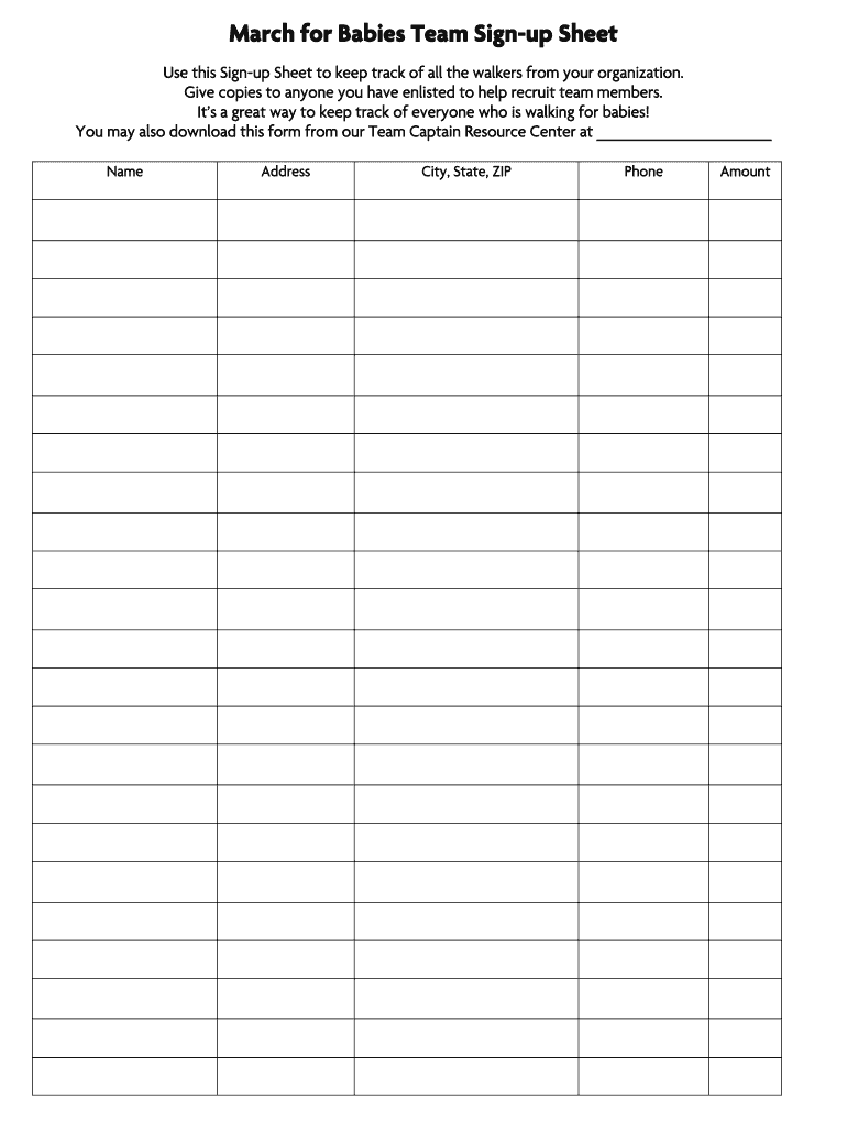 Team Sign Up Sheet Template  Form