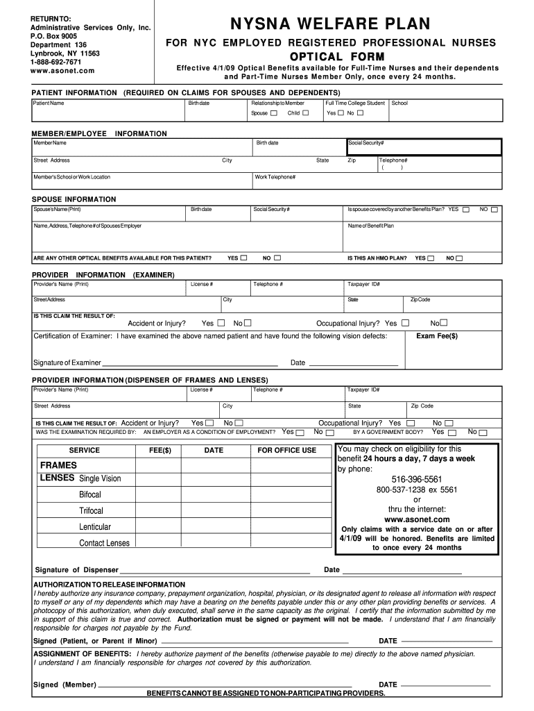  Nysna Welfare Plan Optical Form 2009-2024