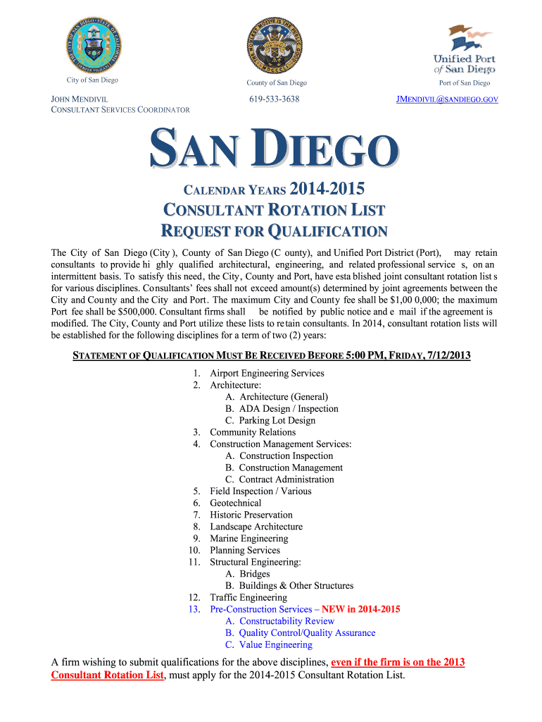  RFQ 15 City, County & Port of San Diego    Ebidboard 2014-2024