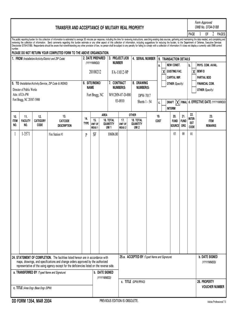  DD Form 1354, Transfer and Acceptance of DoD Real Property 2013