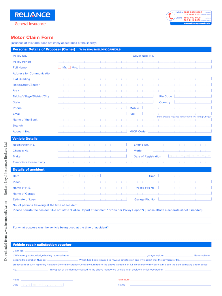  Reliance General Insurance Claim Form 2011-2023