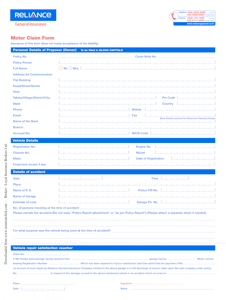  Reliance General Insurance Claim Form 2011-2024