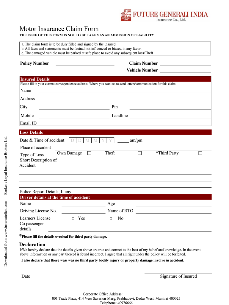 Future Generali Motor Claim Form