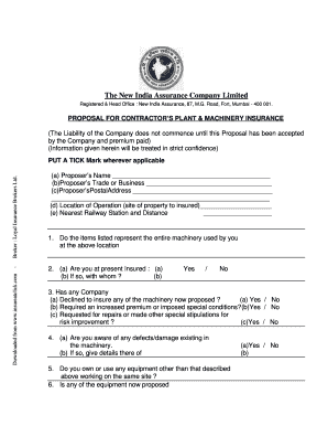 Contractors Plant and Machinery Insurance Proposal Form New India