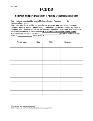 Behavior Support Plan BSP Training Documentation Form Fcbdd