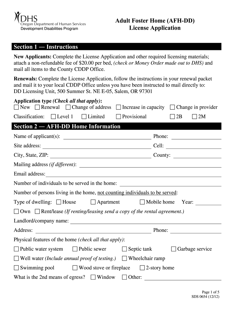  Adult Foster Home AFH DD License Application SDS 0654 Adult Foster Home AFH DD License Application Dhsforms Hr State or 2012