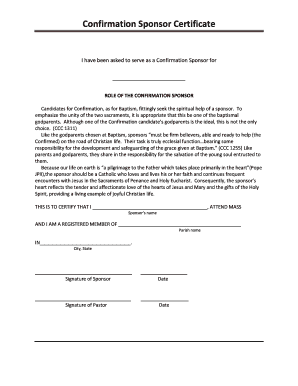 Confirmation Sponsor Certificate St Joseph Catholic Church  Form