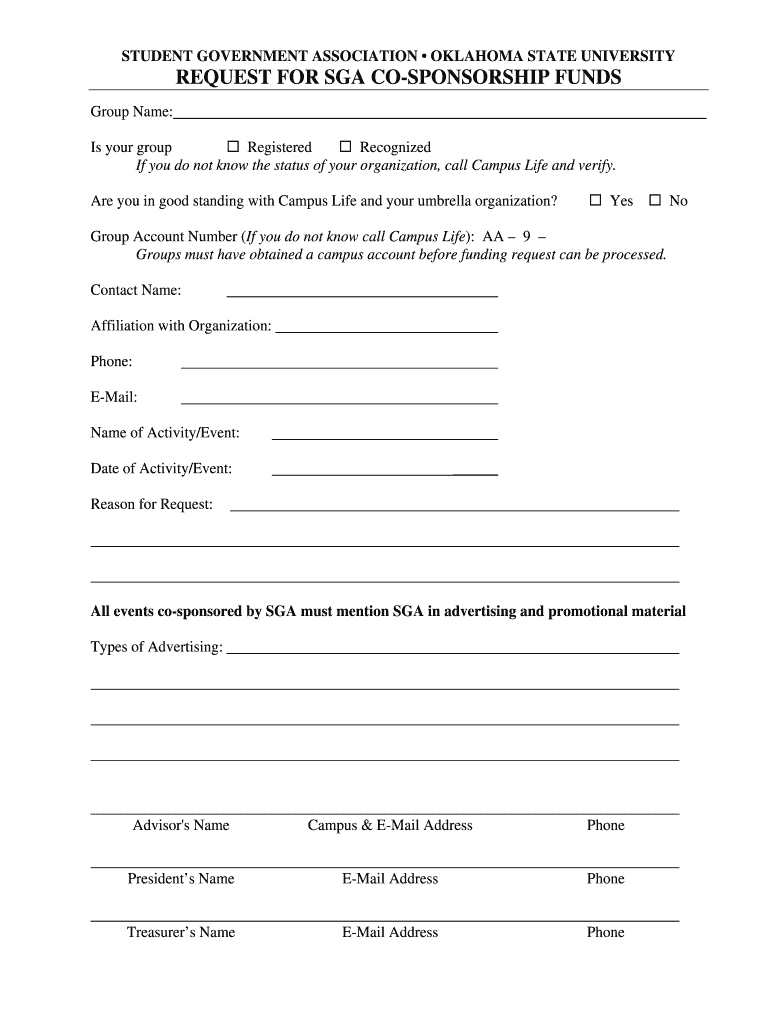 Request for Sga Co Sponsorship Funds Student Government Bb Sga Okstate  Form
