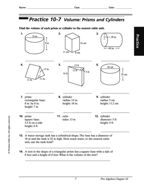 Practice 10 7 Volume Prisms and Cylinders Answer Key  Form