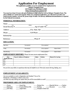 Bishop&#039;s Pumpkin Farm Application  Form