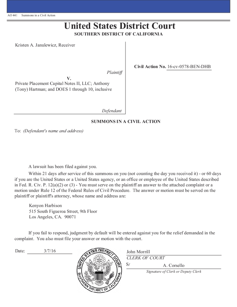  AO 441 Summons in a Civil Action United States District Court 2016-2024