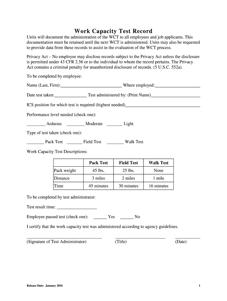  Work Capacity Test Forms 2016-2024