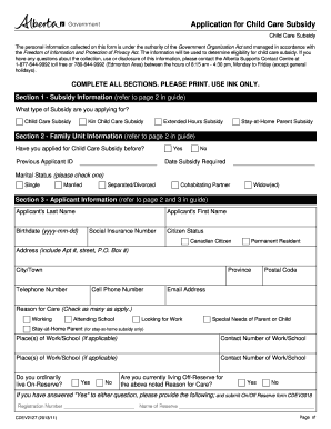 Application for Child Care Subsidy This Form is Used to Apply for Child Care Subsidy Once Completed the Alberta Government Will 