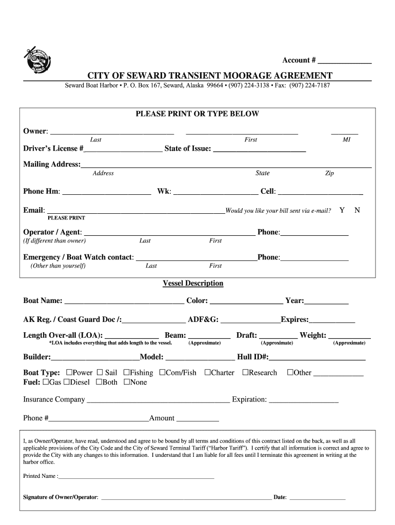 CITY of SEWARD TRANSIENT MOORAGE AGREEMENT  Form