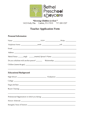 Preschool Teacher Application Form