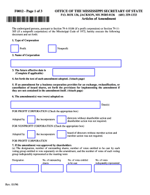 F0012 Page 1 of 3 OFFICE of the MISSISSIPPI SECRETARY of  Form