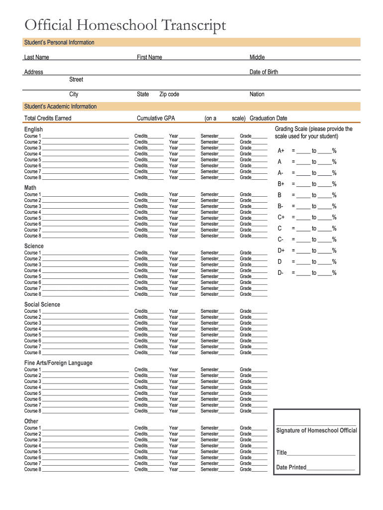 Official Homeschool Transcript University of Uis  Form