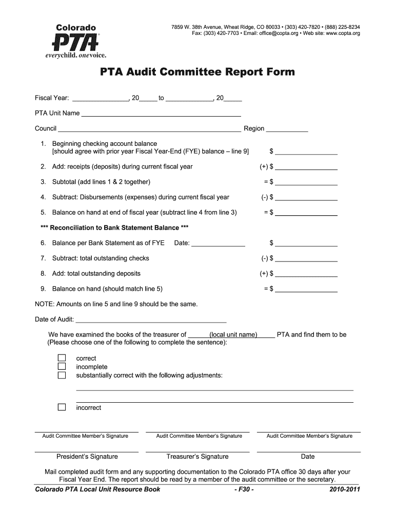  PTA Audit Committee Report Form Denver Council PTSA 2010-2024