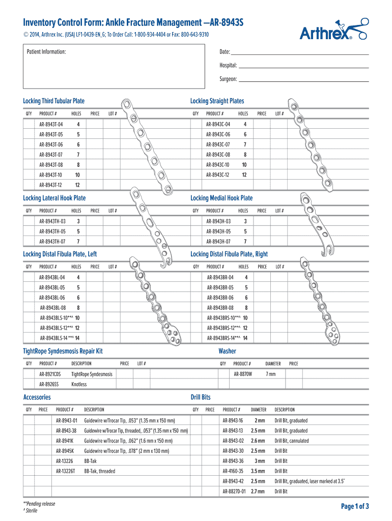 Arthrex Ankle Fracture Inventory Control Form