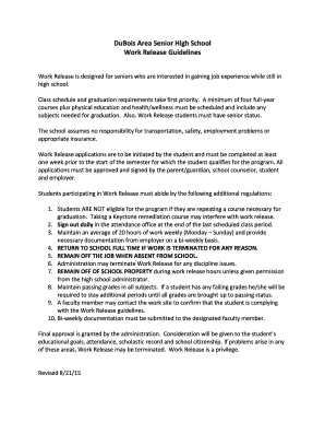 DuBois Area Senior High School Work Release Guidelines Dasd K12 Pa  Form