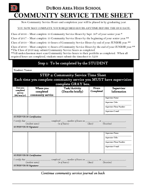 DUBOIS AREA HIGH S COMMUNITY SERVICE TIME SHEET Dasd K12 Pa  Form