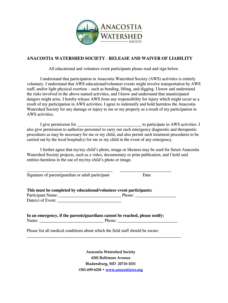Lifesaving Society Event Waiver and Release Form