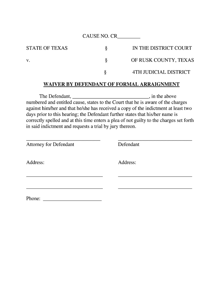 Waiver of Arraignment Tx  Form