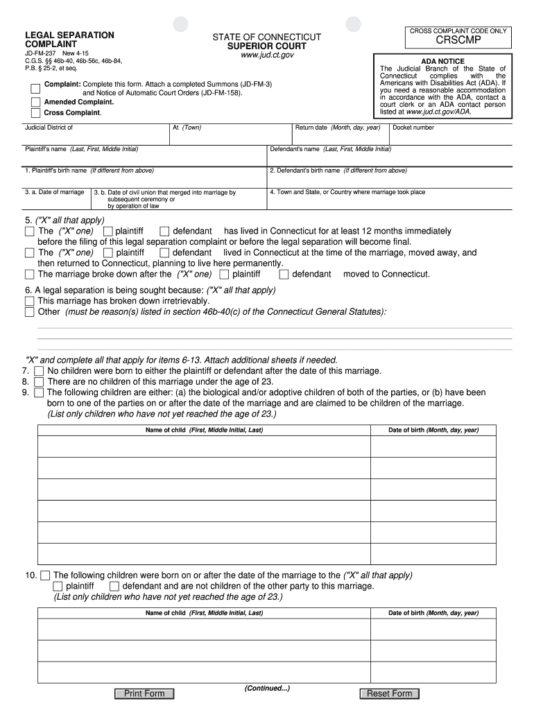 Get and Sign LEGAL SEPARATION STATE of CONNECTICUT CRSCMP COMPLAINT  Jud Ct 2015-2022 Form