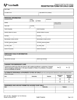  Fraser Health Registration Child Care Form 2013-2024