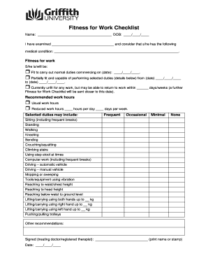 Fitness for Work Assessment Checklist  Form