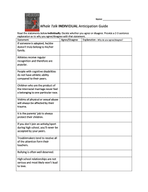 Whale Talk INDIVIDUAL Anticipation Guide Teacherwebcom  Form