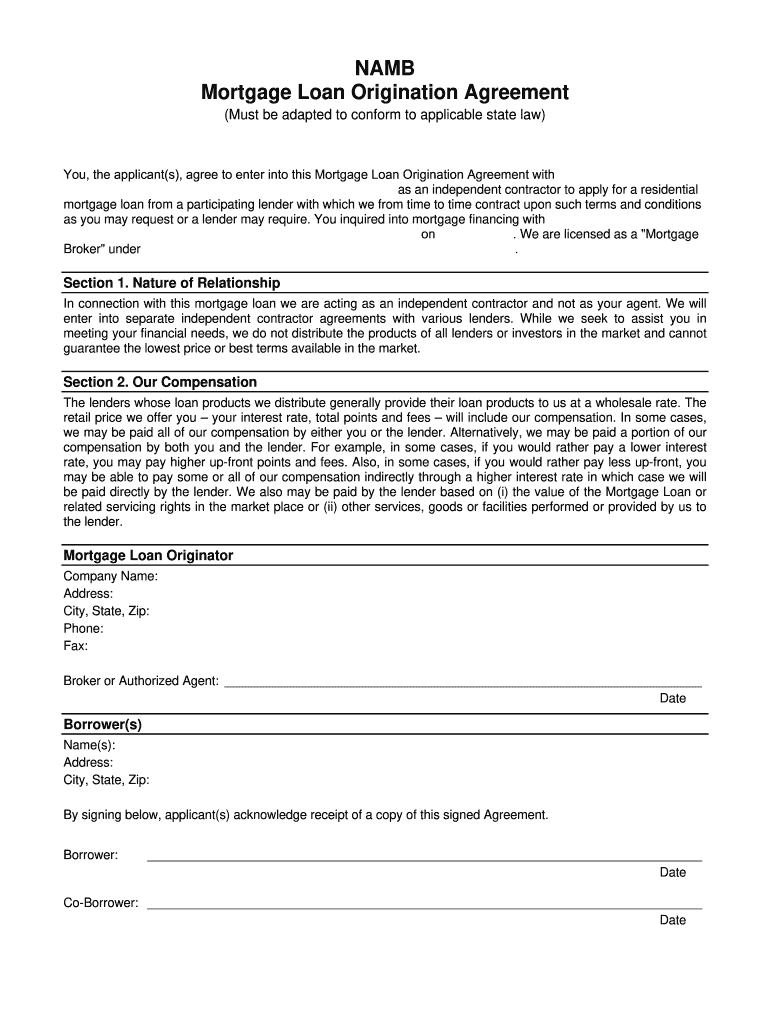 Mortgage Loan Origination Agreement  Form