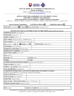 SLOVAK MEDICAL UNIVERSITY in BRATISLAVA Faculty of Medicine Eng Szu  Form