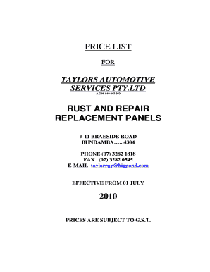 Taylors Rust Repair Panels Catalogue  Form