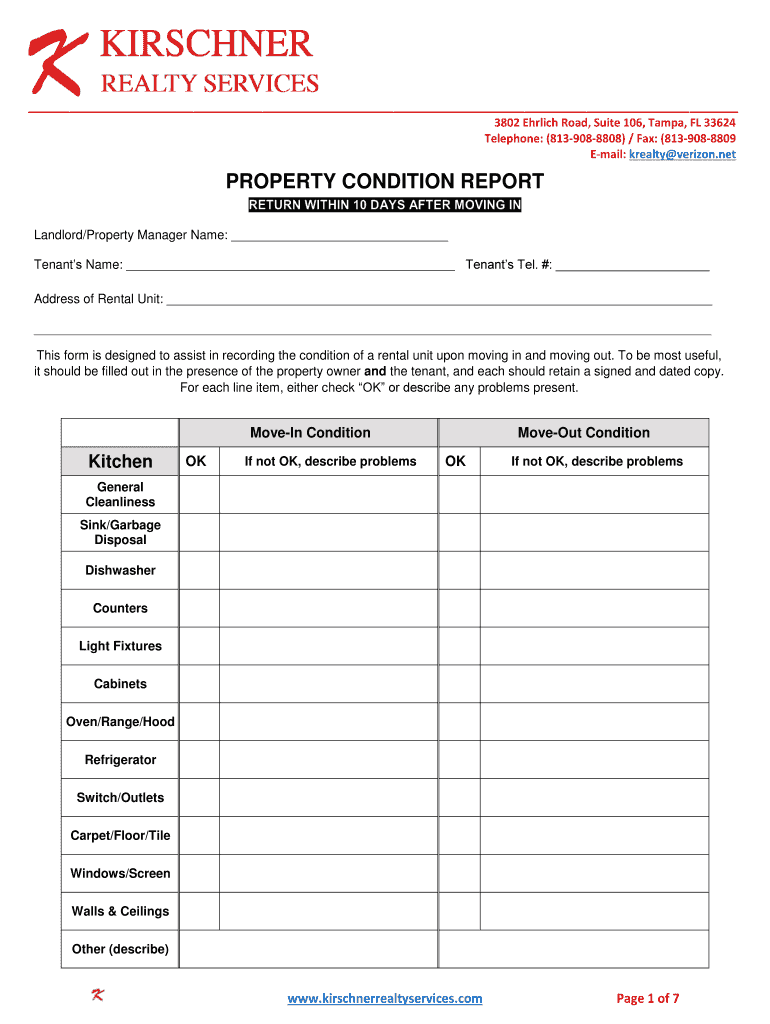 Property Condition Report Kirschner Realty Services  Form