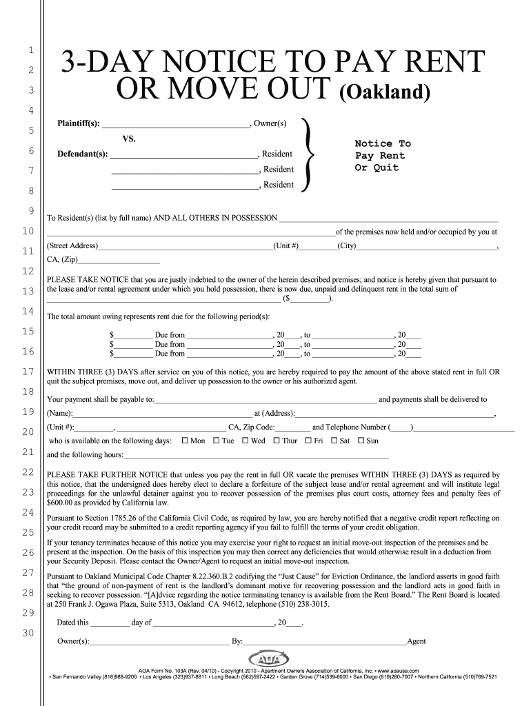 3DAY NOTICE to PAY RENT or MOVE OUT Oakland  Form