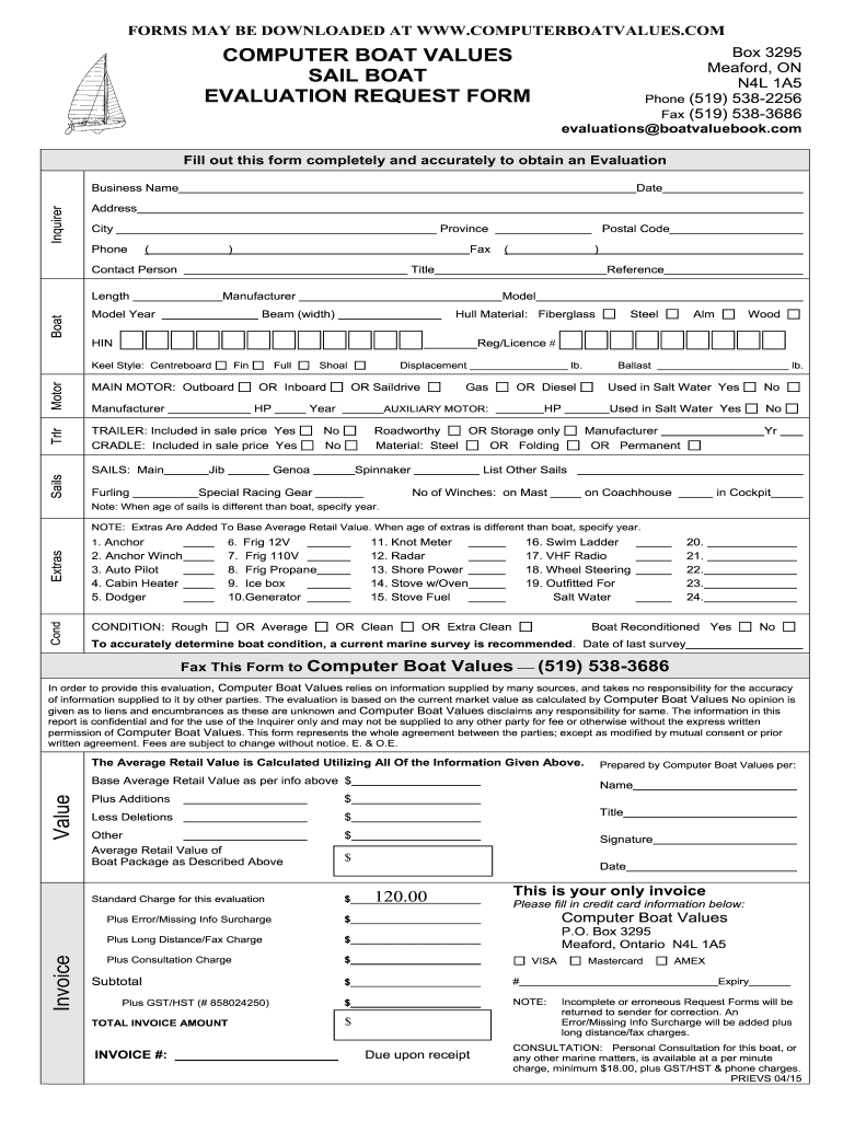 COMPUTER BOAT VALUES Box 3295 Meaford on N4L 1A5  Form