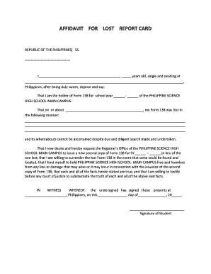 Affidavit of Loss School Report Card  Form
