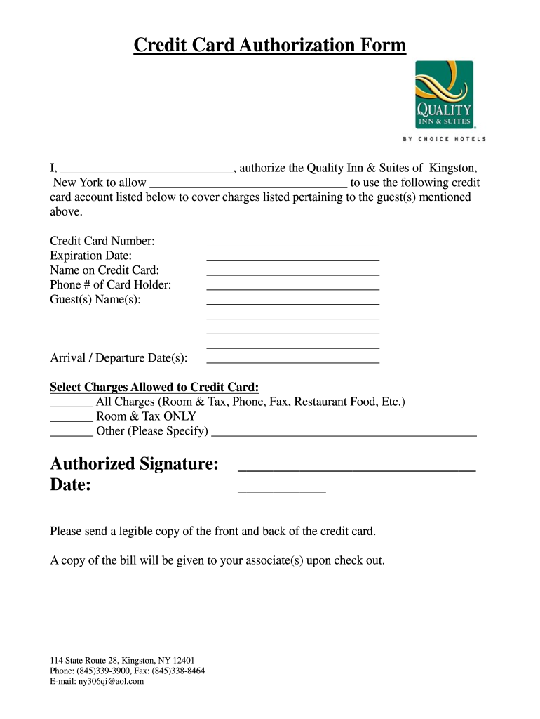 Quality Inn Credit Card Authorization Form