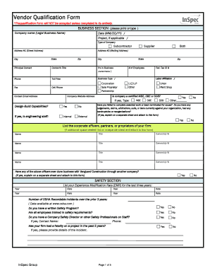 Vendor Qualification Form InSpec Group