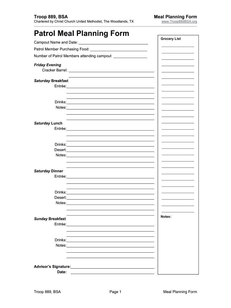 Boy Scout Meal Planning Form