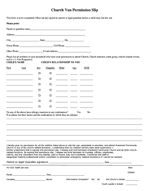 Church Van Permission Slip Grassland Youth  Form