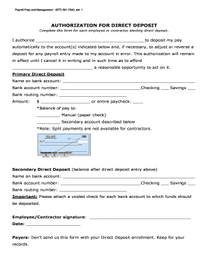 Authorization for Direct Deposit  Form